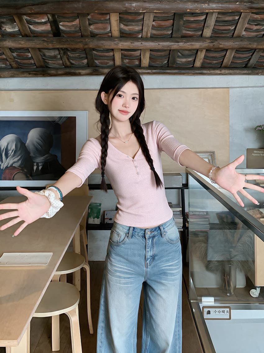 밀라노 대나무 마디 청 순수한 시스템 느슨함 센스 핑크색 중간 소매 티셔츠 여성 가을 연령 감소 몸매 가꾸기 디자인 센스 맨위 상세 이미지 6