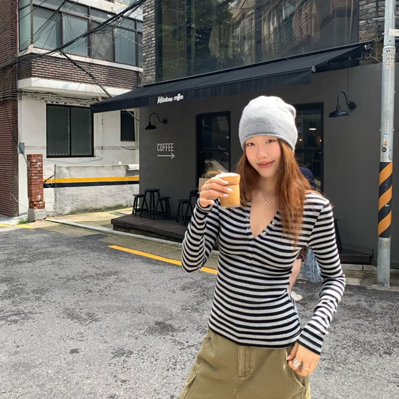 컬러 코튼 컬러 짜임 기사 작은 대중 다용도 헨리 기본 셔츠 배색 스트라이프 몸매 가꾸기 니트 티셔츠 여성 상세 이미지 19