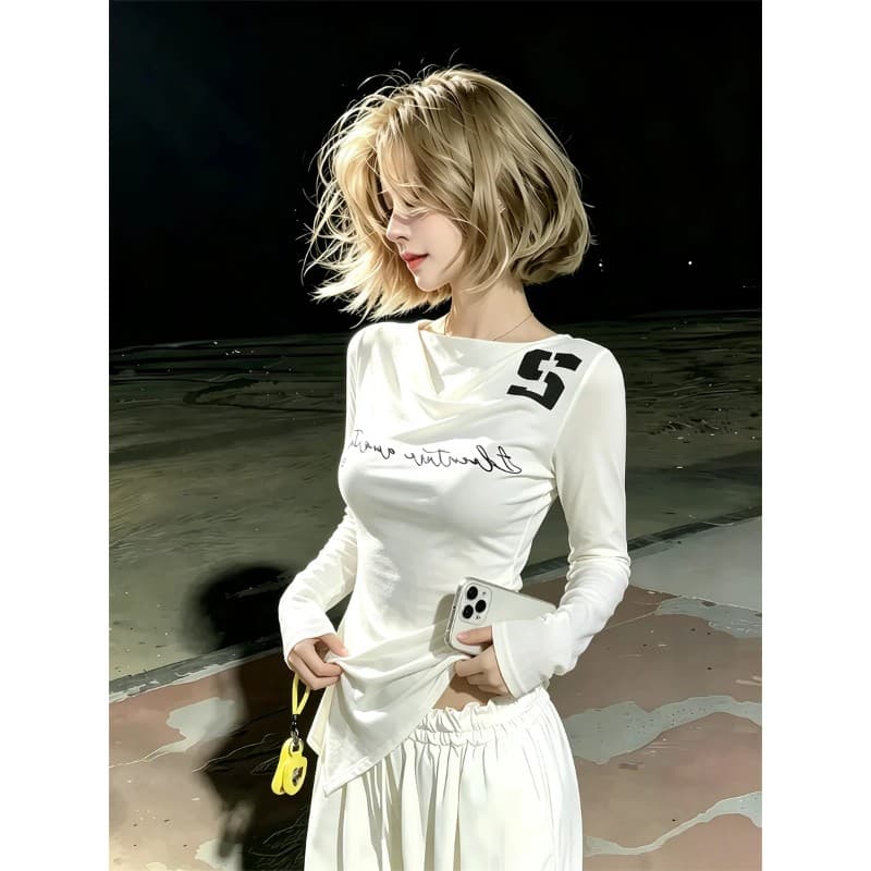 사람들 면 알파벳 프린트 긴팔 티셔츠 여성 가을 몸매 가꾸기 주름 허리 수축 슬림해 보이는 핫걸 만나는 맨위 이미지 2