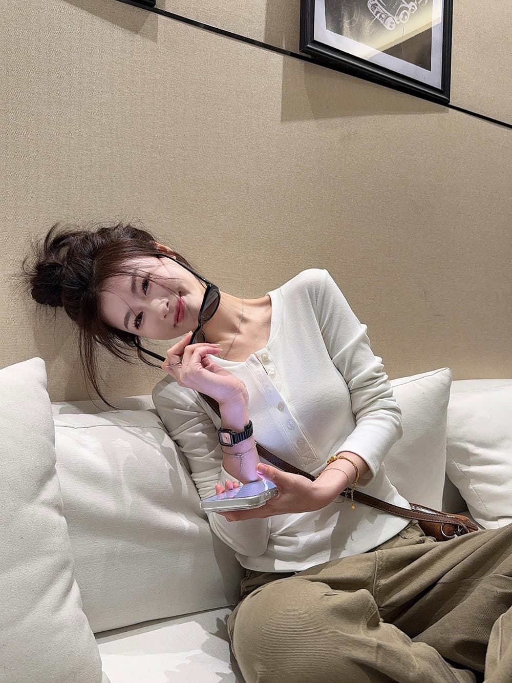 양모 리브 핫걸 몸매 가꾸기 헨리 칼라 긴팔 티셔츠 여성 의류 가을 품격 캐주얼 만나는 맨위 상세 이미지 1