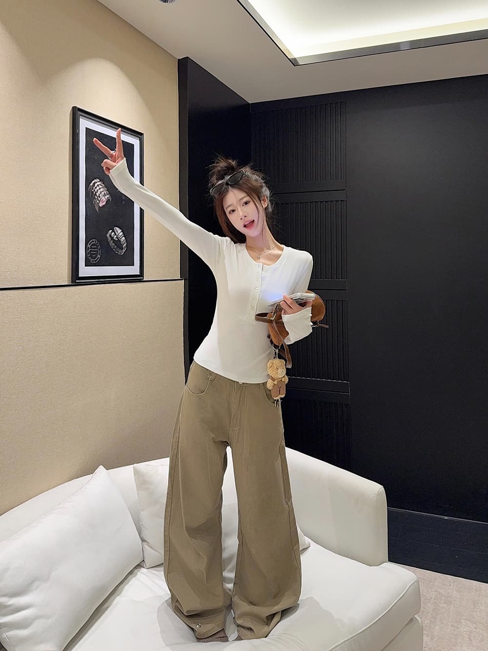 양모 리브 핫걸 몸매 가꾸기 헨리 칼라 긴팔 티셔츠 여성 의류 가을 품격 캐주얼 만나는 맨위 상세 이미지 5