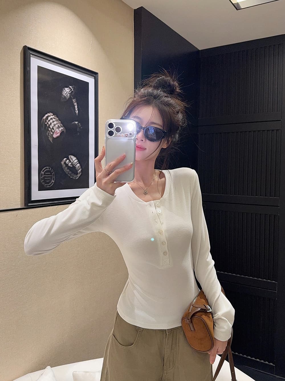양모 리브 핫걸 몸매 가꾸기 헨리 칼라 긴팔 티셔츠 여성 의류 가을 품격 캐주얼 만나는 맨위 상세 이미지 6