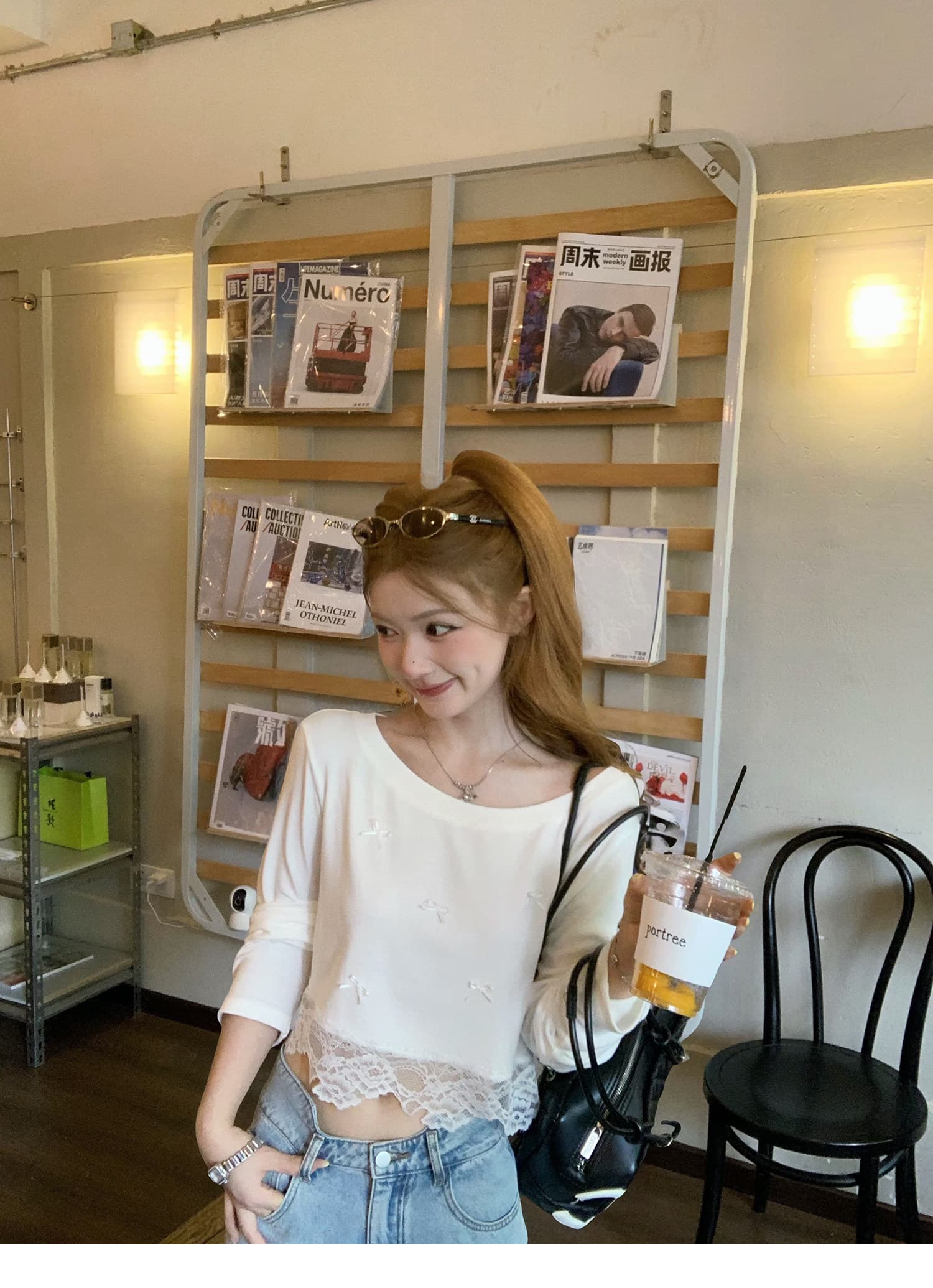 크림 레이스 t 느슨함 센스 비스듬한 어깨 대 칼라 느긋한 레이스 긴팔 티셔츠 상세 이미지 22