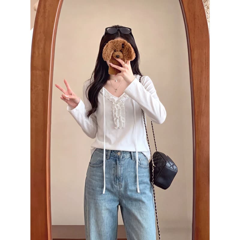눈꽃 면 한 부서 화이트 프릴 V넥 7부 소매 티셔츠 여성 이른 가을 루즈핏 디스플레이 얇고 작은 맨위 이미지 2