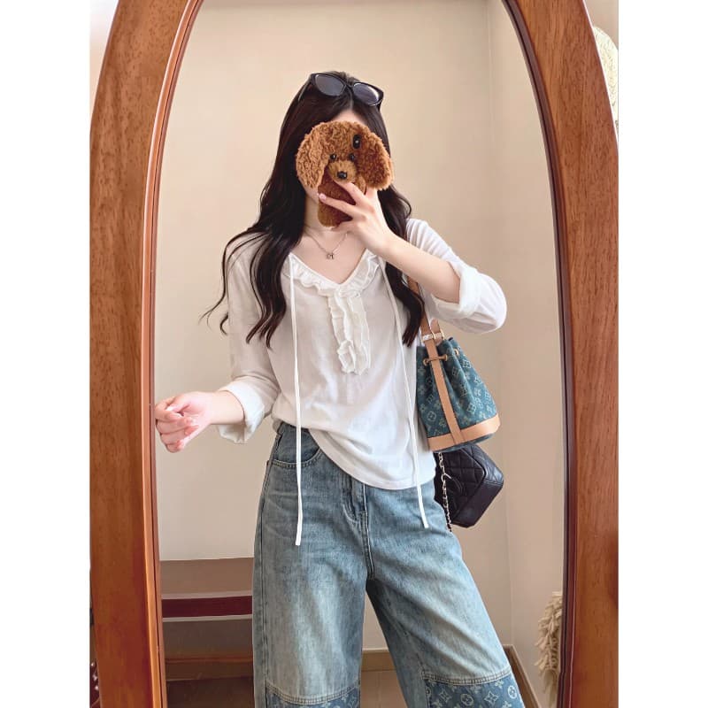 눈꽃 면 한 부서 화이트 프릴 V넥 7부 소매 티셔츠 여성 이른 가을 루즈핏 디스플레이 얇고 작은 맨위 이미지 5