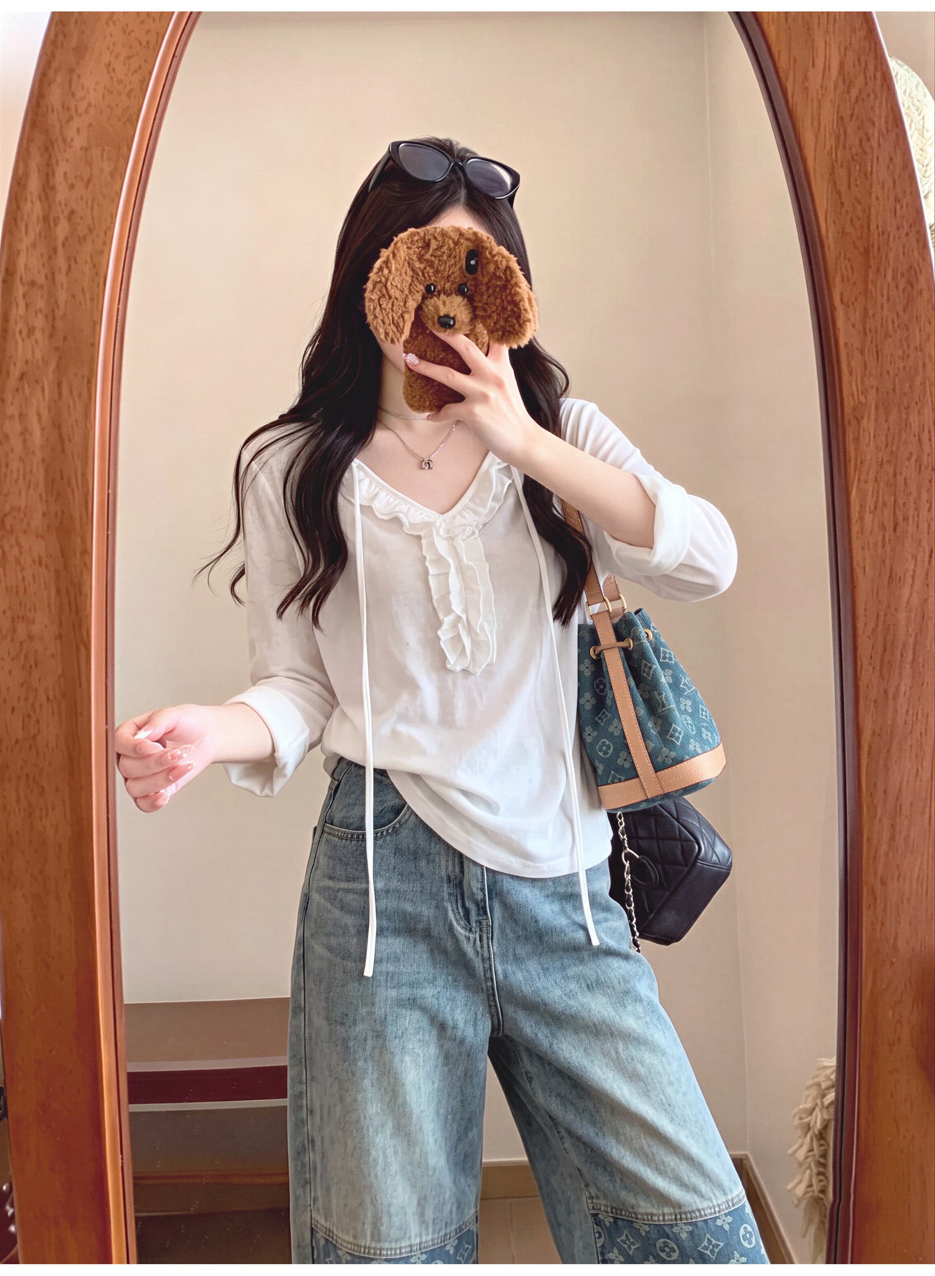 눈꽃 면 한 부서 화이트 프릴 V넥 7부 소매 티셔츠 여성 이른 가을 루즈핏 디스플레이 얇고 작은 맨위 상세 이미지 4
