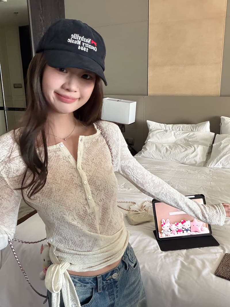 im ~까지 빛 산소 순간 레이스 몸매 가꾸기 슬림해 보이는 맨위 여성 스트랩 헨리 긴팔 티셔츠 상세 이미지 7
