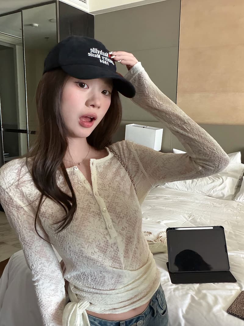 im ~까지 빛 산소 순간 레이스 몸매 가꾸기 슬림해 보이는 맨위 여성 스트랩 헨리 긴팔 티셔츠 상세 이미지 10