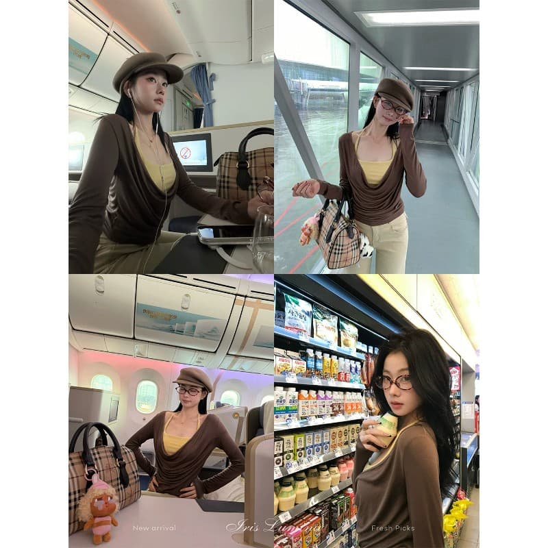 사람들 면 스택 음악 가면 의류 긴팔 블라우스 티셔츠 여성 겨울 흔들다 칼라 사실 두 조각 맨위 이미지 5