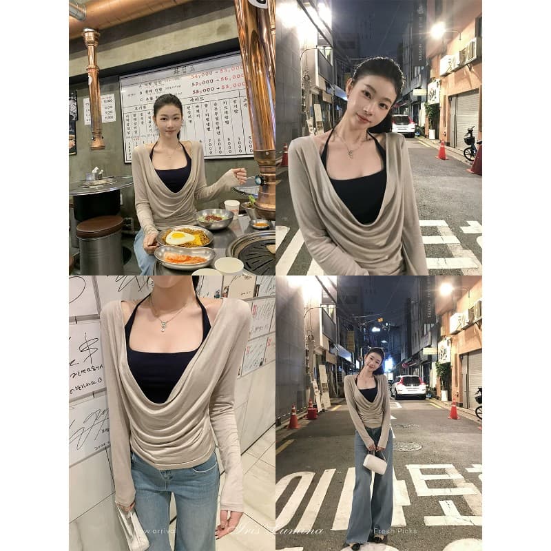 사람들 면 스택 음악 가면 의류 긴팔 블라우스 티셔츠 여성 겨울 흔들다 칼라 사실 두 조각 맨위 이미지 4