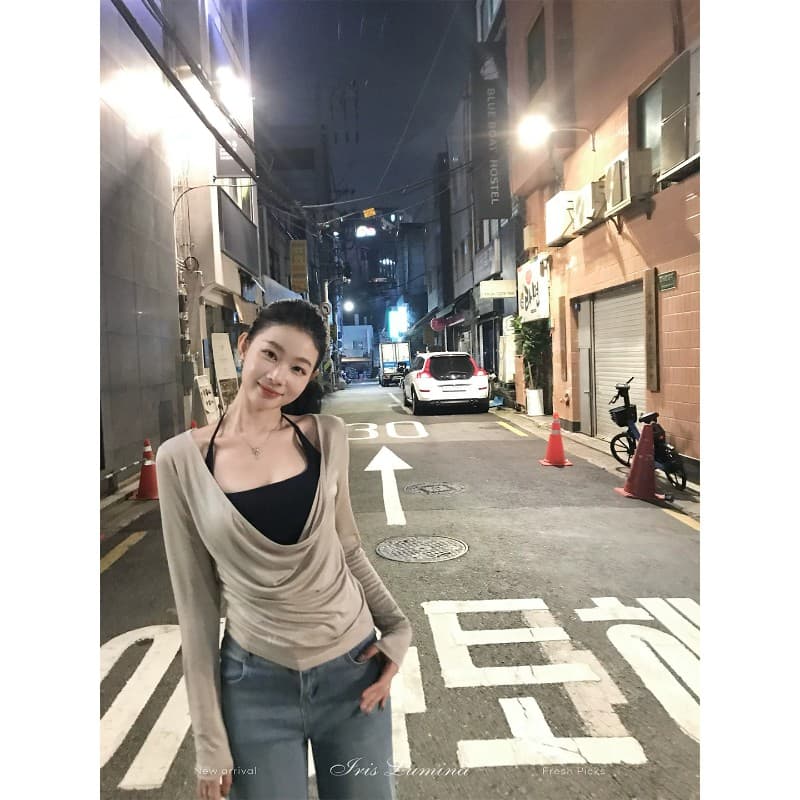 사람들 면 스택 음악 가면 의류 긴팔 블라우스 티셔츠 여성 겨울 흔들다 칼라 사실 두 조각 맨위 이미지 3