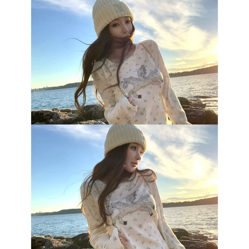 사람들 면 캡처 꿈 유니콘 전체 인쇄 작은 꽃무늬 구덩이 기사 질감 센스 캐주얼 라운드 넥 긴팔 티셔츠 이미지 4