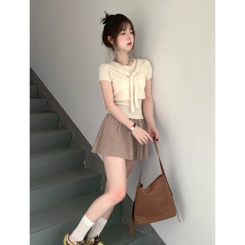 한 부서 부드러운 센스 가짜 두 조각 목도리 짧은 소매 정장 여자 허리 슬림 뜨개질 맨위 치마 2 피스 세트 이미지 4