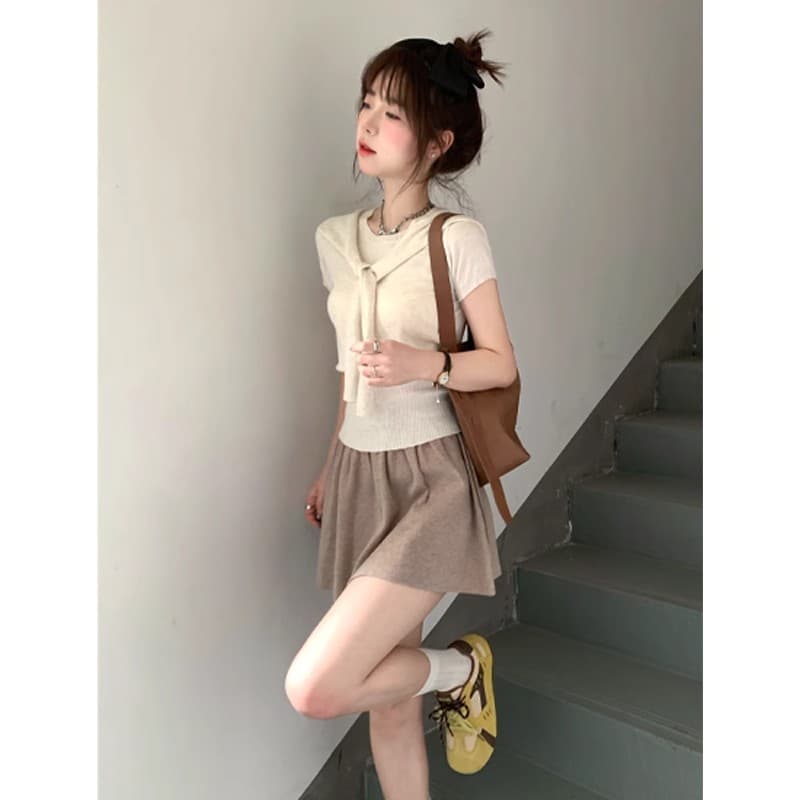 한 부서 부드러운 센스 가짜 두 조각 목도리 짧은 소매 정장 여자 허리 슬림 뜨개질 맨위 치마 2 피스 세트 상세 이미지 2