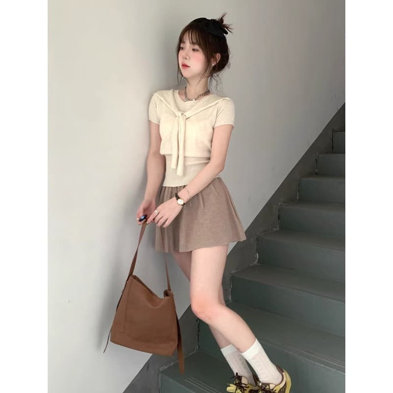 한 부서 부드러운 센스 가짜 두 조각 목도리 짧은 소매 정장 여자 허리 슬림 뜨개질 맨위 치마 2 피스 세트 상세 이미지 3