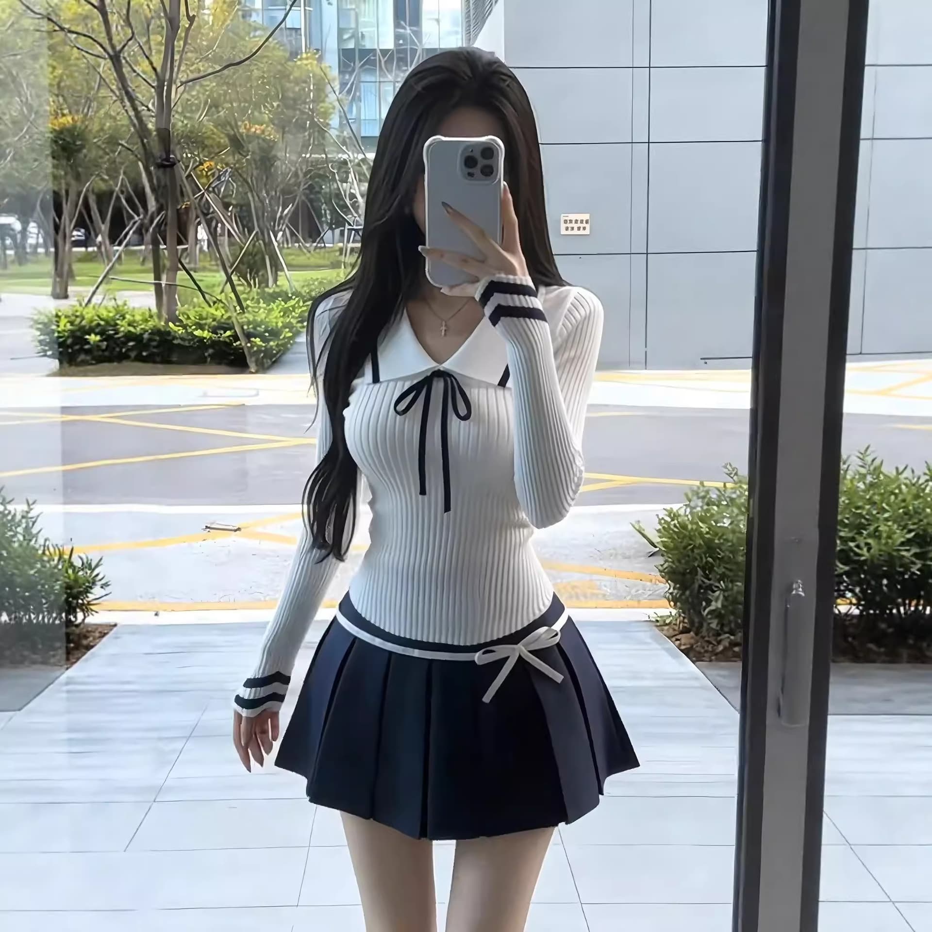 학원 스타일 한 부서 니트 긴 소매 레이스업 맨위 세트 여성 새로운 몸매 가꾸기 슬림해 보이는 플리츠 반신 스커트 투피스 세트 이미지 3