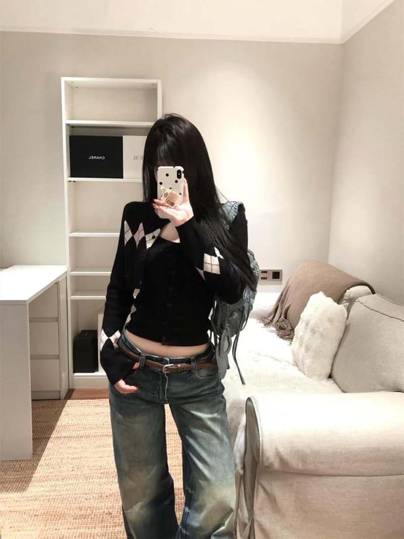 아메리칸 레트로 링 그리드 니트 스웨터 여성 봄 새로운 슬림해 보이는 몸매 가꾸기 디자인 센스 맨위 투피스 세트
