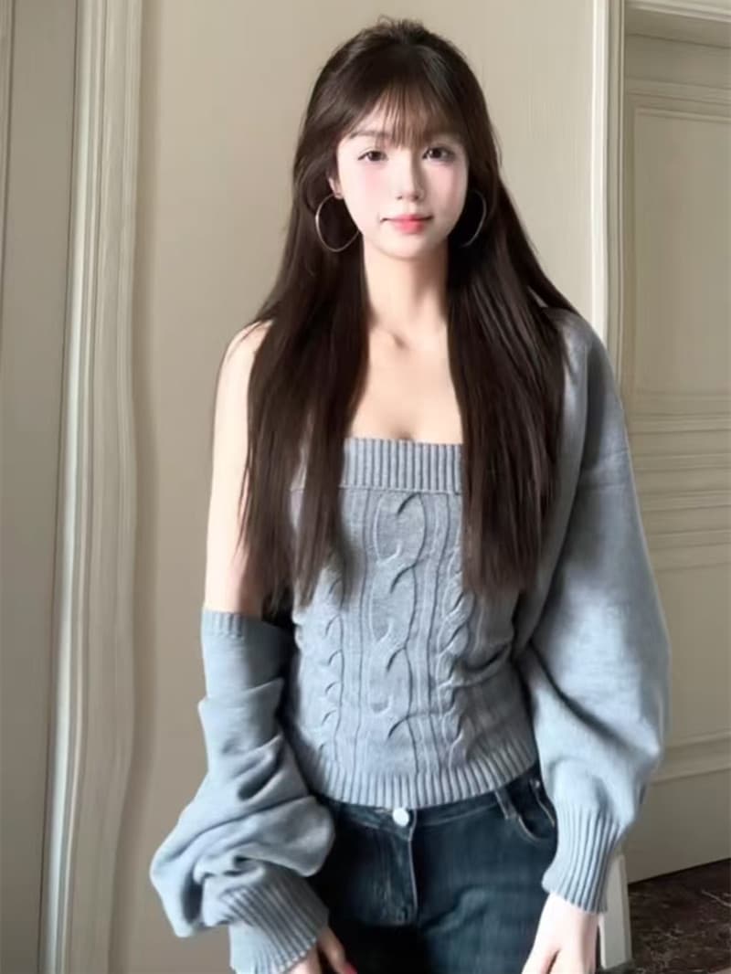 회색 니트 오픈 가디건 여성 새로운 꽈배기 품격 순수한 욕망 슬림해 보이는 한 부서 부드러운 찹쌀 다용도 몸매 가꾸기 슬립 투피스 세트