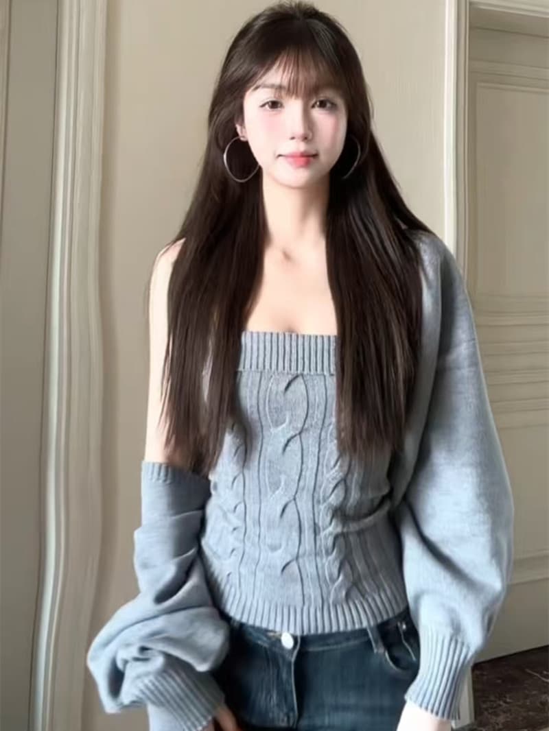 회색 니트 오픈 가디건 여성 새로운 꽈배기 품격 순수한 욕망 슬림해 보이는 한 부서 부드러운 찹쌀 다용도 몸매 가꾸기 슬립 투피스 세트 상세 이미지 2