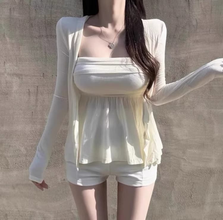 한국 동대문 새로운 순수한 욕망 빛 볶다 섹시함 치마 튜브탑 벨트 가슴 패드 자외선 차단 오픈 가디건 여성 패션 세트 여성 상세 이미지 4