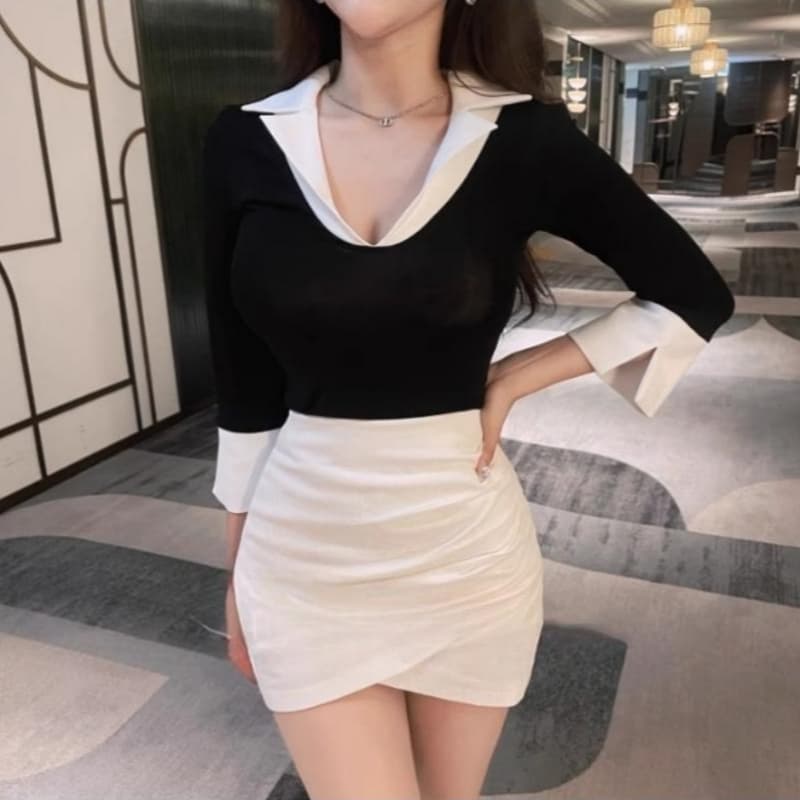 봄 여름 새로운 품격 V넥 트임 7부 소매 셔츠 패치워크 색상 맨위 한 부서 몸매 가꾸기 디스플레이 몸 만나는 티셔츠 여성