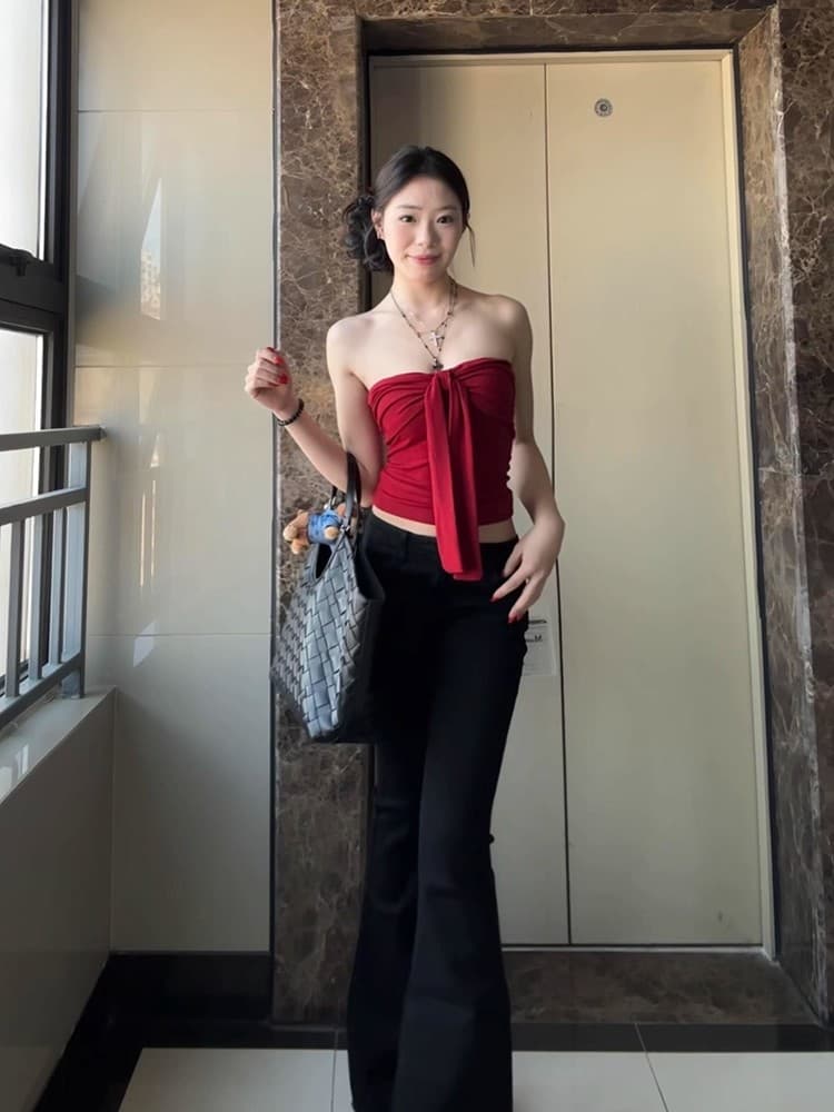 한국 여름 새로운 품격 몸매 가꾸기 단색 레이스업 디자인 센스 타이트 디스플레이 가슴 슬립 인사이드 가져 가라. 조끼 티셔츠 여성 상세 이미지 5