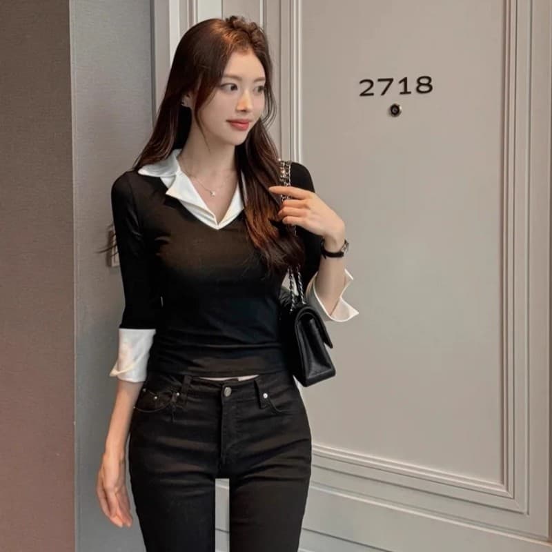 한국 봄 여름 새로운 품격 몸매 가꾸기 polo 폴로 칼라 중간 소매 얇은 스타일 마이크로 ~을 통해 몸매 가꾸기 디스플레이 몸 기본 셔츠 티셔츠 이미지 2