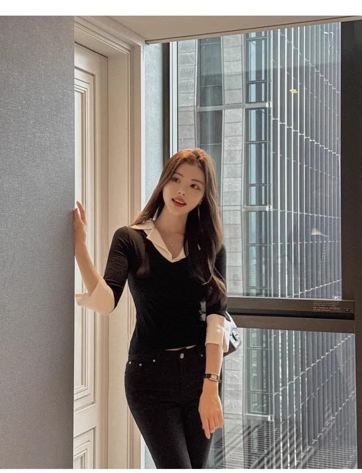 한국 봄 여름 새로운 품격 몸매 가꾸기 polo 폴로 칼라 중간 소매 얇은 스타일 마이크로 ~을 통해 몸매 가꾸기 디스플레이 몸 기본 셔츠 티셔츠 상세 이미지 16