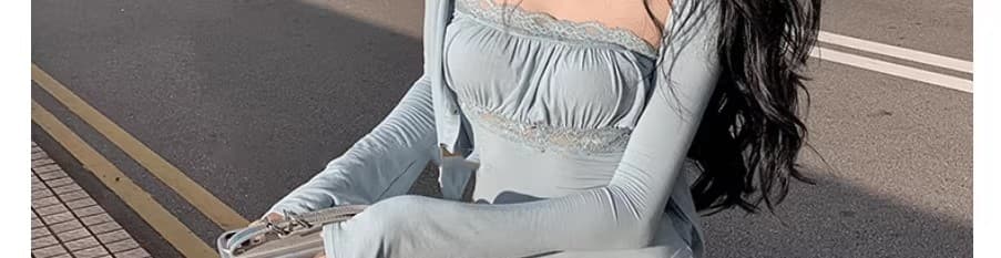 품격 몸매 가꾸기 디스플레이 몸 순수한 욕망 바람 레이스 조각 슬립 티셔츠 긴팔 자외선 차단 맨위 오픈 가디건 두 조각 여성 세트 상세 이미지 13