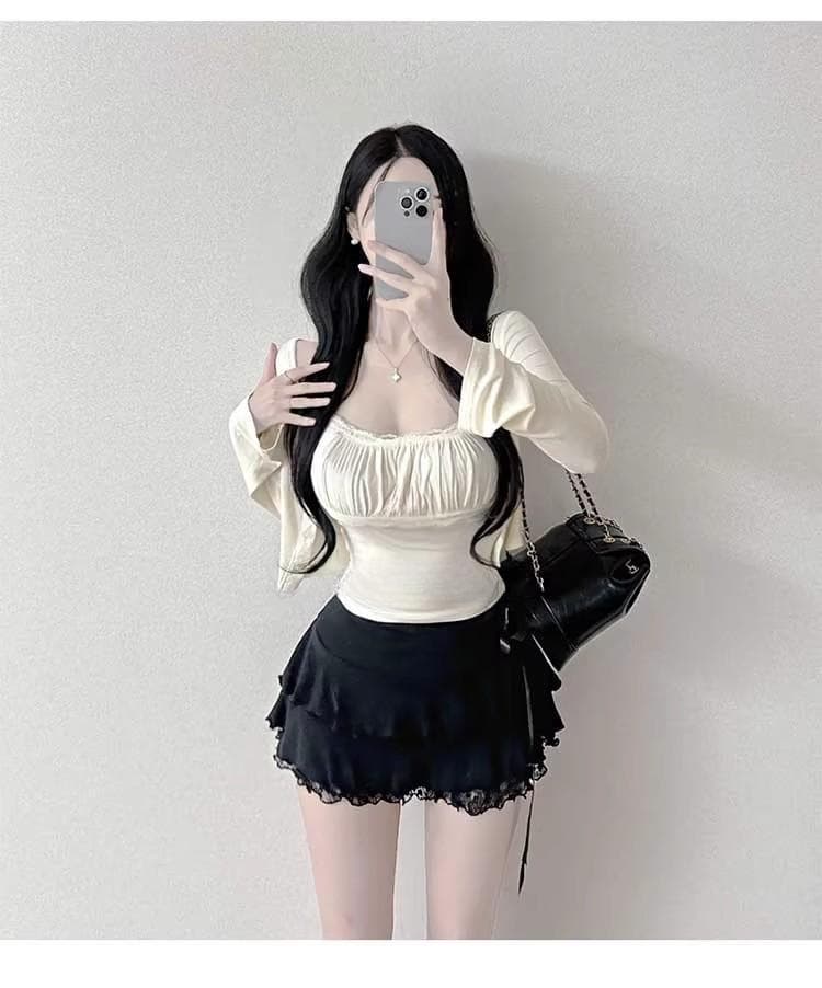 품격 몸매 가꾸기 디스플레이 몸 순수한 욕망 바람 레이스 조각 슬립 티셔츠 긴팔 자외선 차단 맨위 오픈 가디건 두 조각 여성 세트 상세 이미지 8