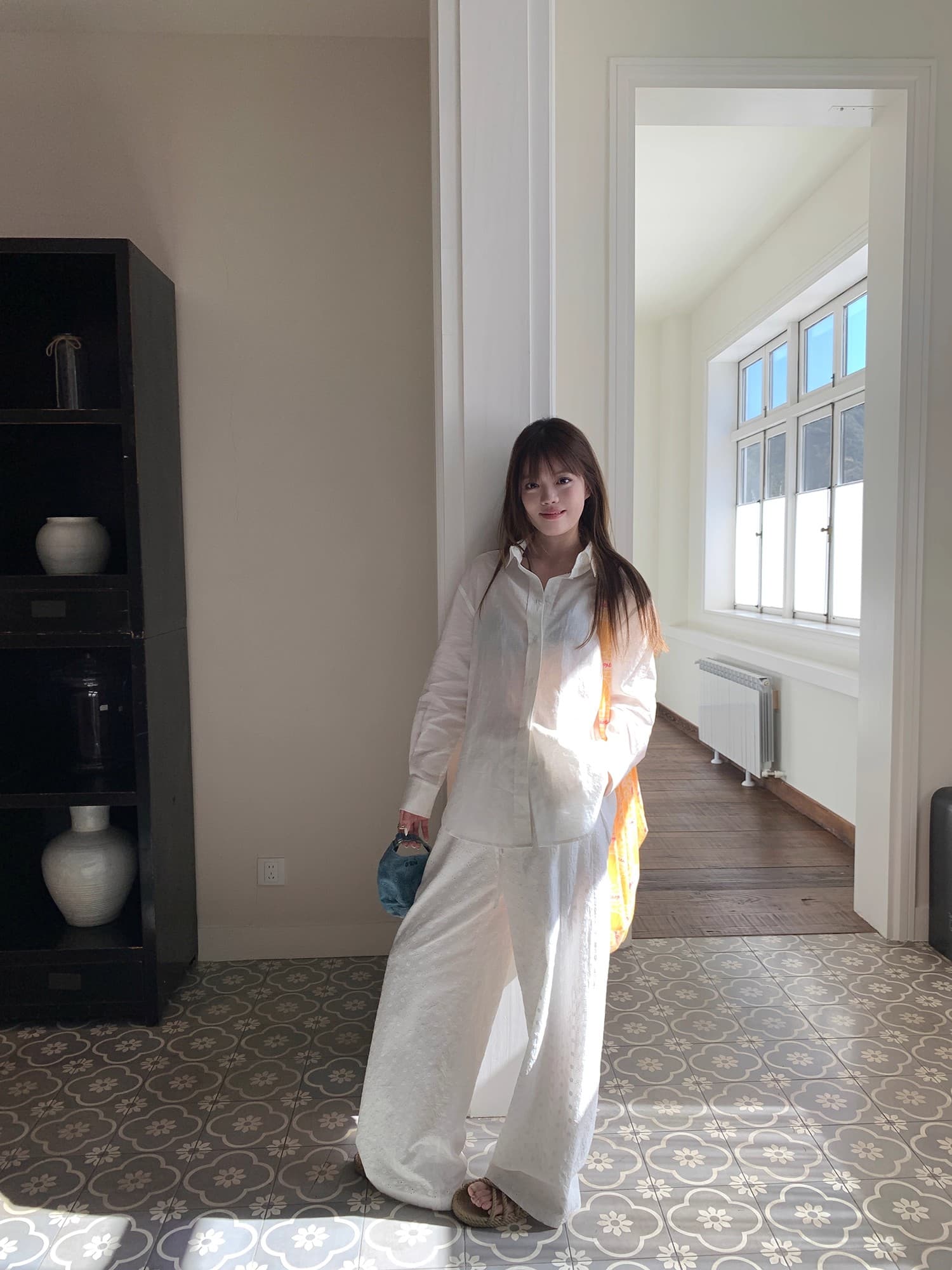 한국 동대문 가을 겨울 새로운 품격 느긋한 바람 슬림해 보이는 있음 안감 자수 작은 데이지 레이스 넓은 다리 길이 바지 상세 이미지 16