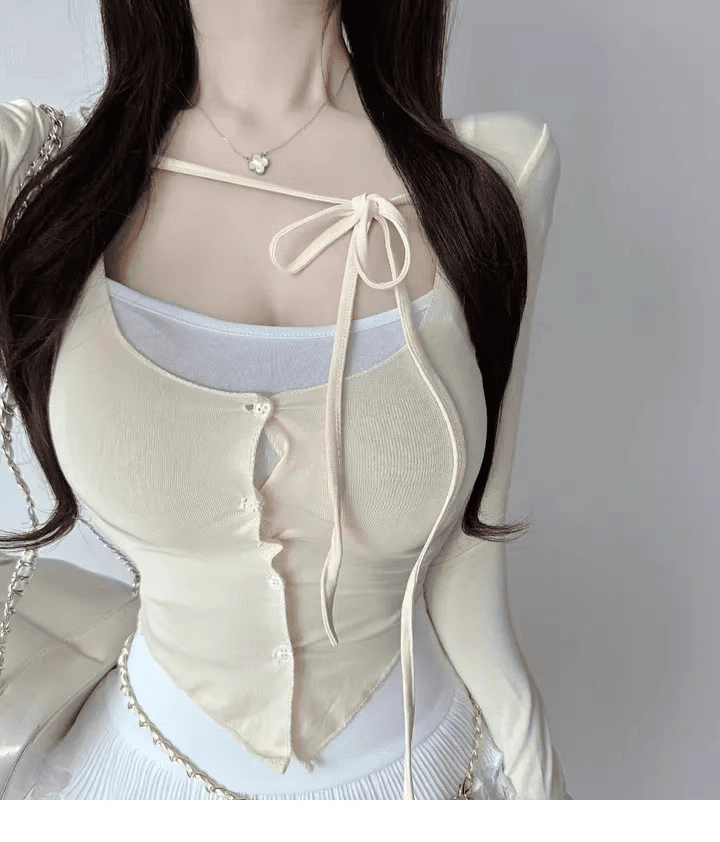 봄 가을 새로운 품격 다용도 타이트 디스플레이 가슴 작은 슬링 티셔츠 레이스업 자외선 차단 오픈 가디건 얇은 스타일 세트 맨위 여성 상세 이미지 2