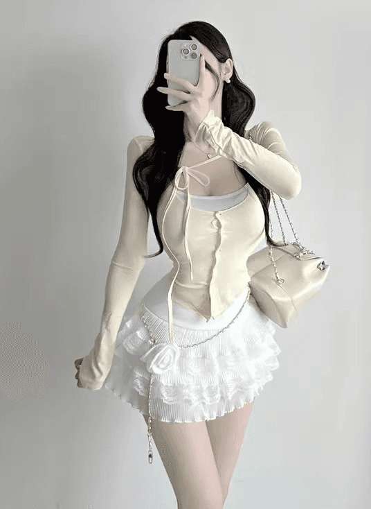 봄 가을 새로운 품격 다용도 타이트 디스플레이 가슴 작은 슬링 티셔츠 레이스업 자외선 차단 오픈 가디건 얇은 스타일 세트 맨위 여성 상세 이미지 5