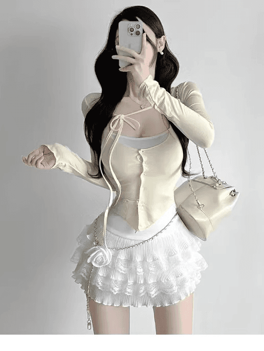 봄 가을 새로운 품격 다용도 타이트 디스플레이 가슴 작은 슬링 티셔츠 레이스업 자외선 차단 오픈 가디건 얇은 스타일 세트 맨위 여성 상세 이미지 6