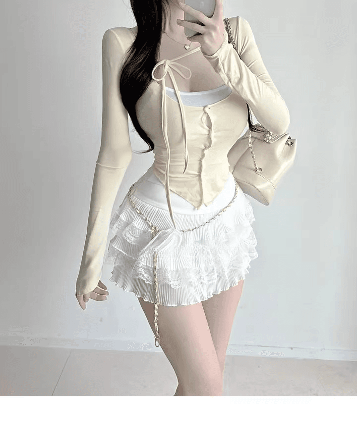 봄 가을 새로운 품격 다용도 타이트 디스플레이 가슴 작은 슬링 티셔츠 레이스업 자외선 차단 오픈 가디건 얇은 스타일 세트 맨위 여성 상세 이미지 7