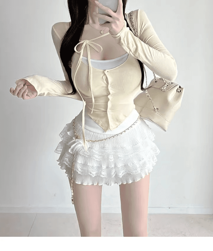 봄 가을 새로운 품격 다용도 타이트 디스플레이 가슴 작은 슬링 티셔츠 레이스업 자외선 차단 오픈 가디건 얇은 스타일 세트 맨위 여성 상세 이미지 8