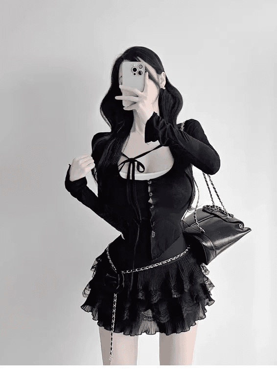 봄 가을 새로운 품격 다용도 타이트 디스플레이 가슴 작은 슬링 티셔츠 레이스업 자외선 차단 오픈 가디건 얇은 스타일 세트 맨위 여성 상세 이미지 13