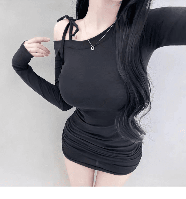 한국 가을 겨울 새로운 품격 몸매 가꾸기 비스듬한 칼라 오프숄더 디스플레이 몸 허리 수축 주름 타이트 스커트 만나는 점프 슈트 미니 스커트 여성 상세 이미지 2
