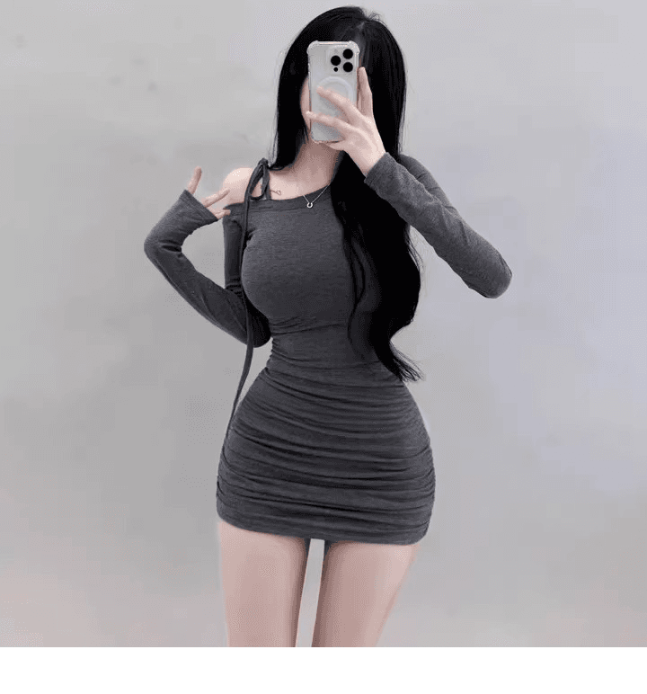한국 가을 겨울 새로운 품격 몸매 가꾸기 비스듬한 칼라 오프숄더 디스플레이 몸 허리 수축 주름 타이트 스커트 만나는 점프 슈트 미니 스커트 여성 상세 이미지 8