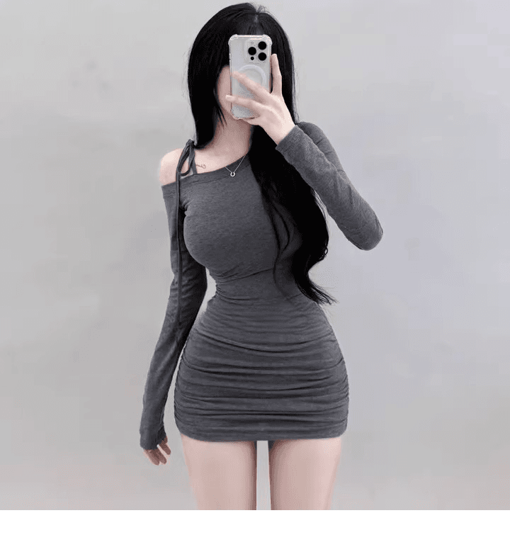 한국 가을 겨울 새로운 품격 몸매 가꾸기 비스듬한 칼라 오프숄더 디스플레이 몸 허리 수축 주름 타이트 스커트 만나는 점프 슈트 미니 스커트 여성 상세 이미지 9
