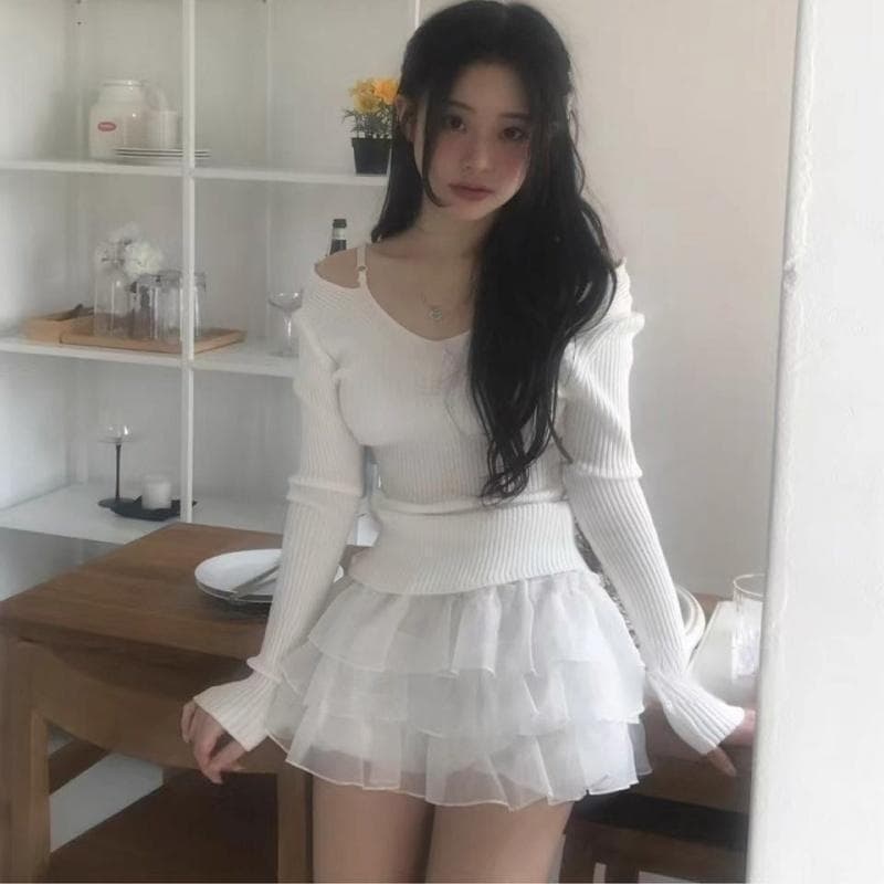 한국 가을 겨울 새로운 품격 전후 V넥 뒤로 홀로우 아웃 오프숄더 디스플레이 몸 다용도 긴팔 니트 스웨터 티셔츠 여성 이미지 3
