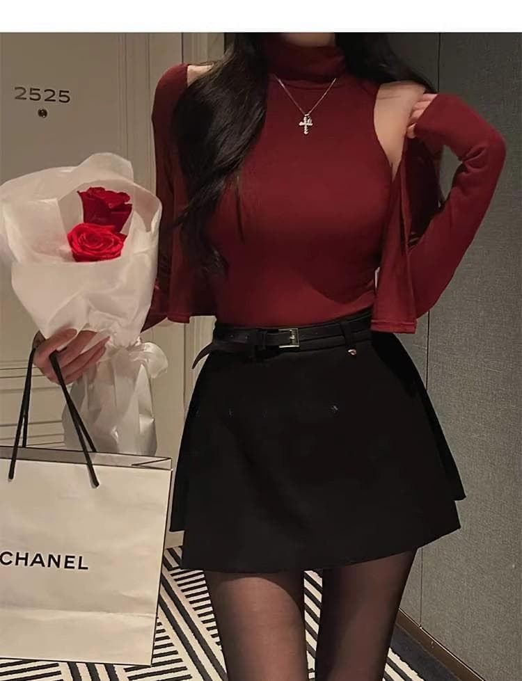 가을 겨울 새로운 타이트 디스플레이 가슴 핫걸 터틀넥 민소매 조끼 티셔츠 긴팔 오픈 가디건 품격 투피스 슈트 여성 트렌디 상세 이미지 12