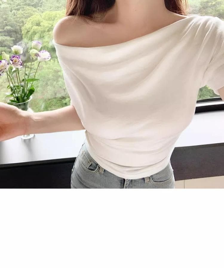 한국 봄 여름 쇼트 스타일 품격 편안함 부드러운 荡荡 칼라 몸매 가꾸기 슬림해 보이는 맨위 단색 다용도 반팔 티셔츠 여성 상세 이미지 4