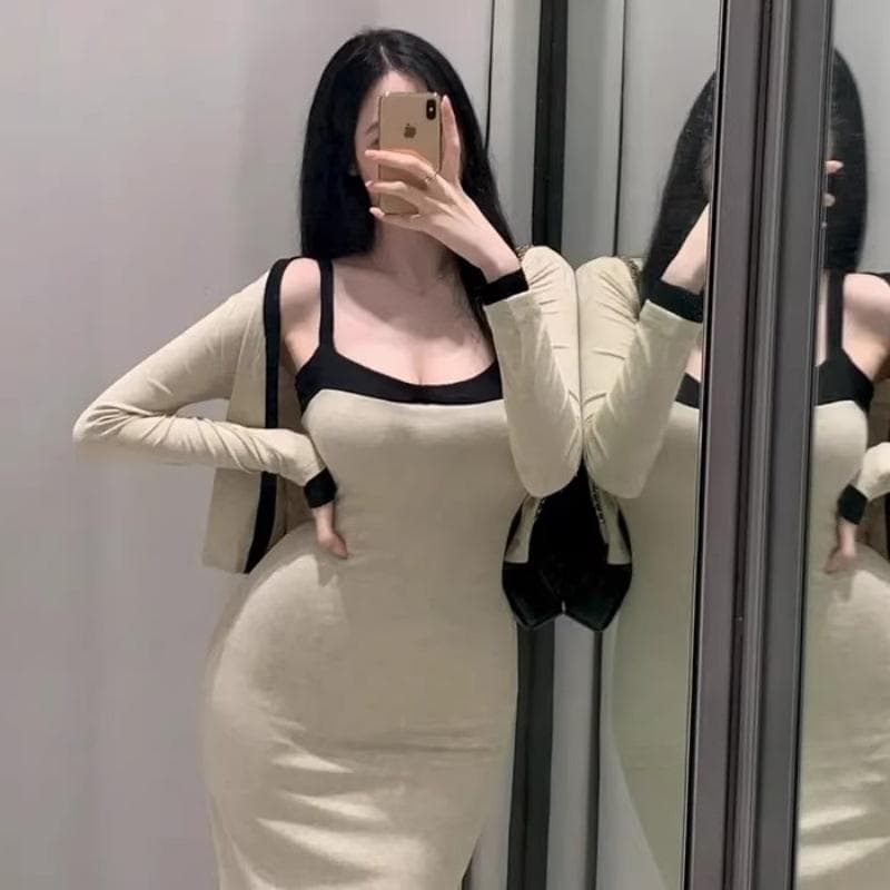 봄 가을 새로운 품격 몸매 가꾸기 디스플레이 몸 타이트 스커트 롱 스커트 패치워크 색상 슬립 드레스 긴팔 오픈 가디건 두 조각 여성 세트 이미지 2