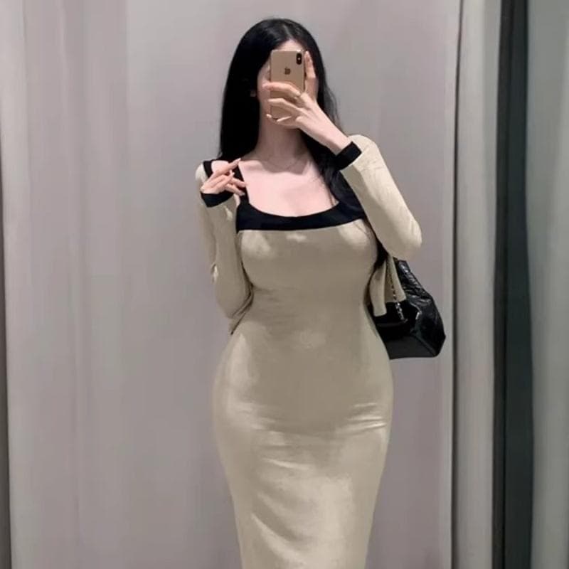 봄 가을 새로운 품격 몸매 가꾸기 디스플레이 몸 타이트 스커트 롱 스커트 패치워크 색상 슬립 드레스 긴팔 오픈 가디건 두 조각 여성 세트 이미지 3