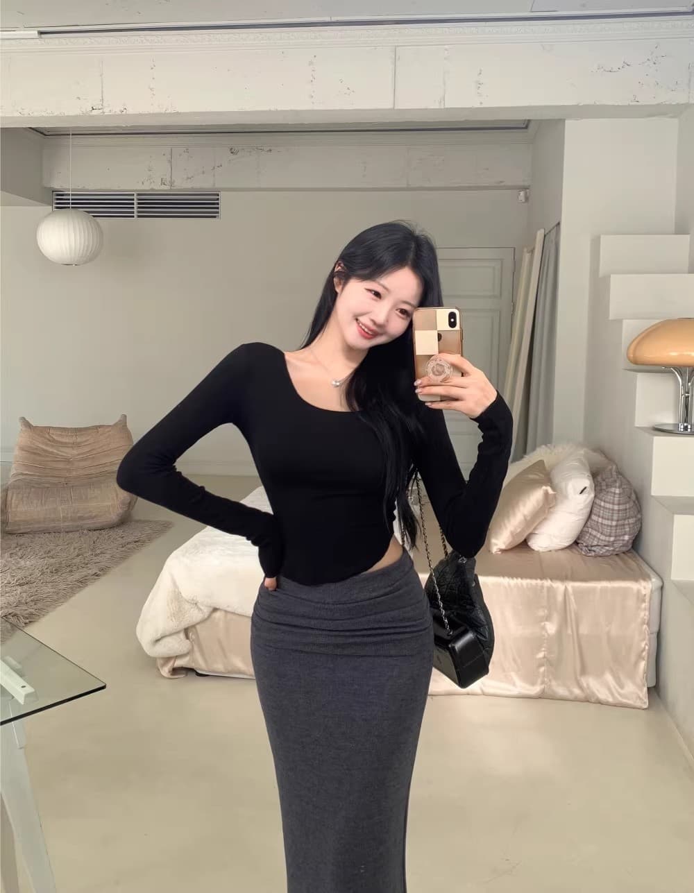 한국 봄 가을 새로운 디스플레이 몸 u 칼라 디스플레이 가슴 타이트 맨위 품격 슬림해 보이는 다용도 쇼트 스타일 긴팔 티셔츠 여성 트렌디 상세 이미지 28