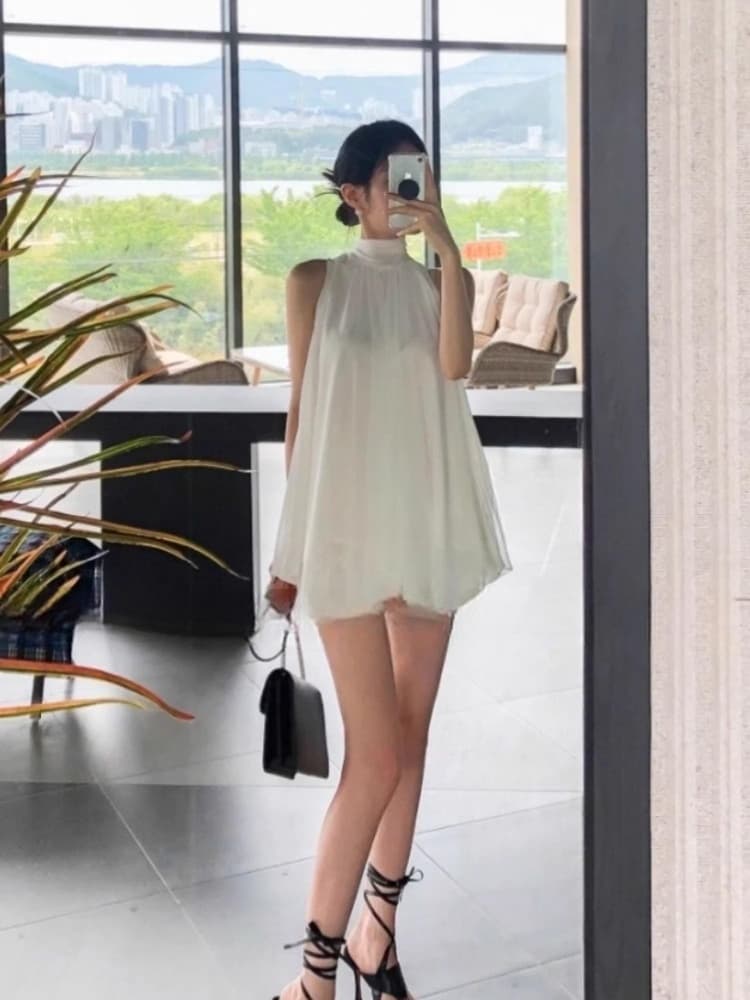 품격 연령 감소 순수한 욕망 고급 센스 맨위 여름 새로운 한 부서 슬림해 보이는 행침 목 레이스업 허리 수축 쉬폰 티셔츠 여성 상세 이미지 4