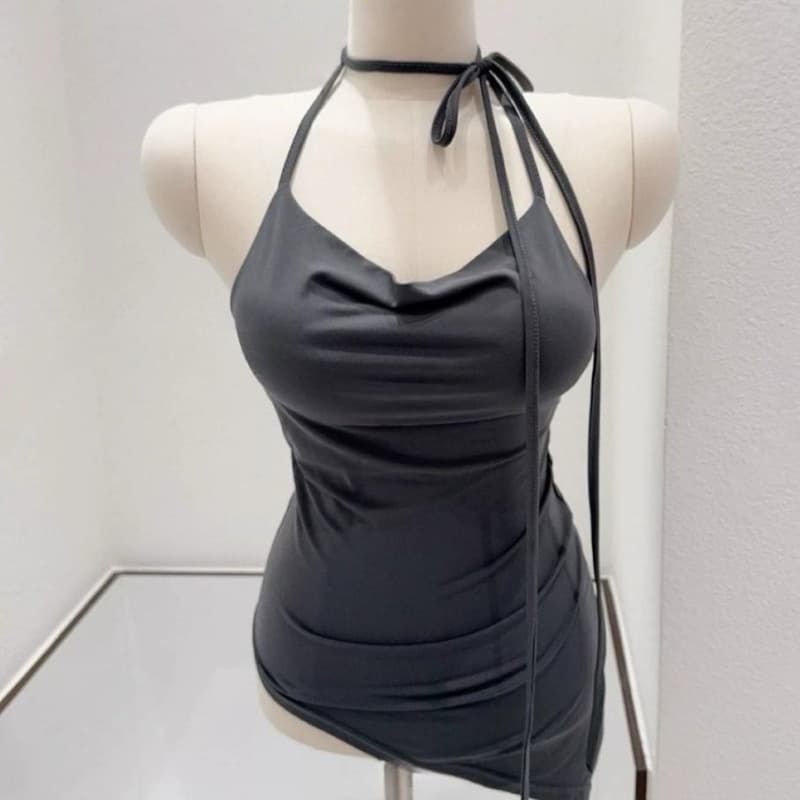 한국 새로운 품격 흔들다 칼라 몸매 가꾸기 얇은 스타일 마이크로 ~을 통해 디스플레이 몸 행침 목 레이스업 비대칭 백리스 다용도 티셔츠 이미지 5