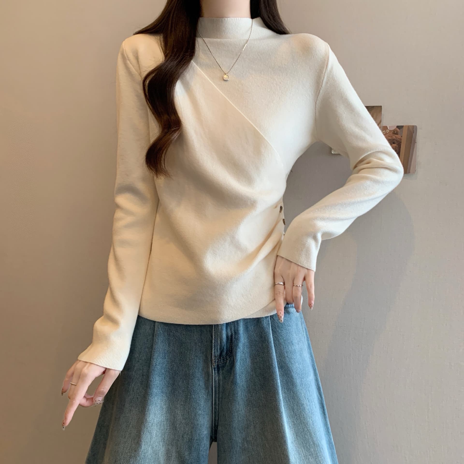 실사 인사이드 가져 가라. 반하이넥 긴팔 니트 스웨터 스웨터 여자 가을 겨울 지방 mm 표지 배 다용도 불규칙 기본 셔츠 상세 이미지 5