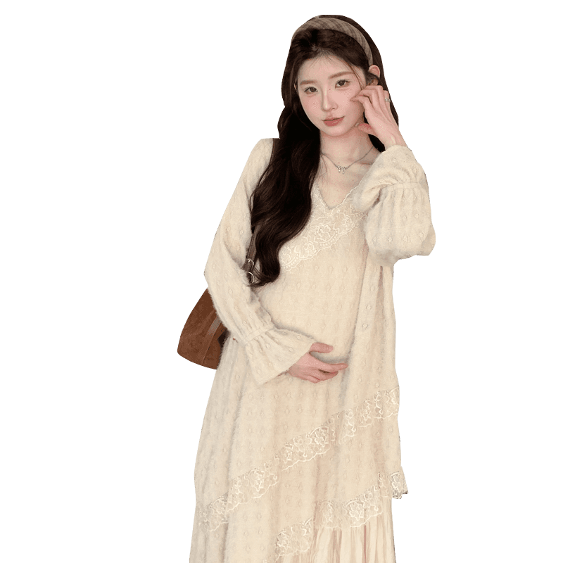 출산 착용 무거운 작업 자카드 플리츠 여성 드레스 가을 겨울 긴팔 레이스 드레스 인사이드 가져 가라. 디자인 센스 이미지 6